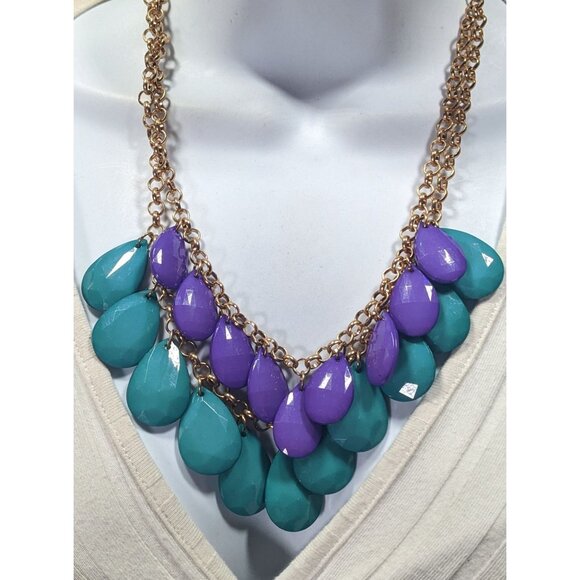 90s Themed Purple And Turquoise Gemmed Layered Fringe Necklace - Picture 2 of 6